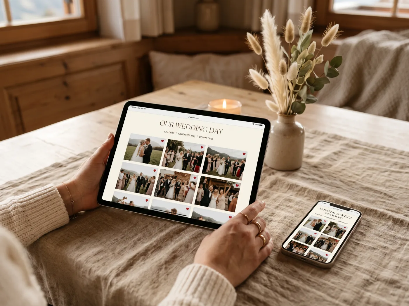Online-Galerie eines Hochzeitsshootings auf Tablet und Smartphone, mit Favoriten-Auswahl