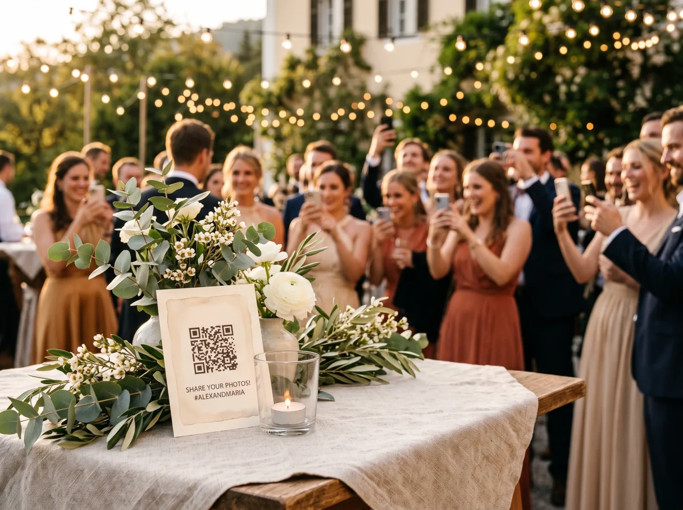 Hochzeitsgäste fotografieren mit dem Smartphone; daneben die Memories Live-Galerie mit QR-Code-Karte