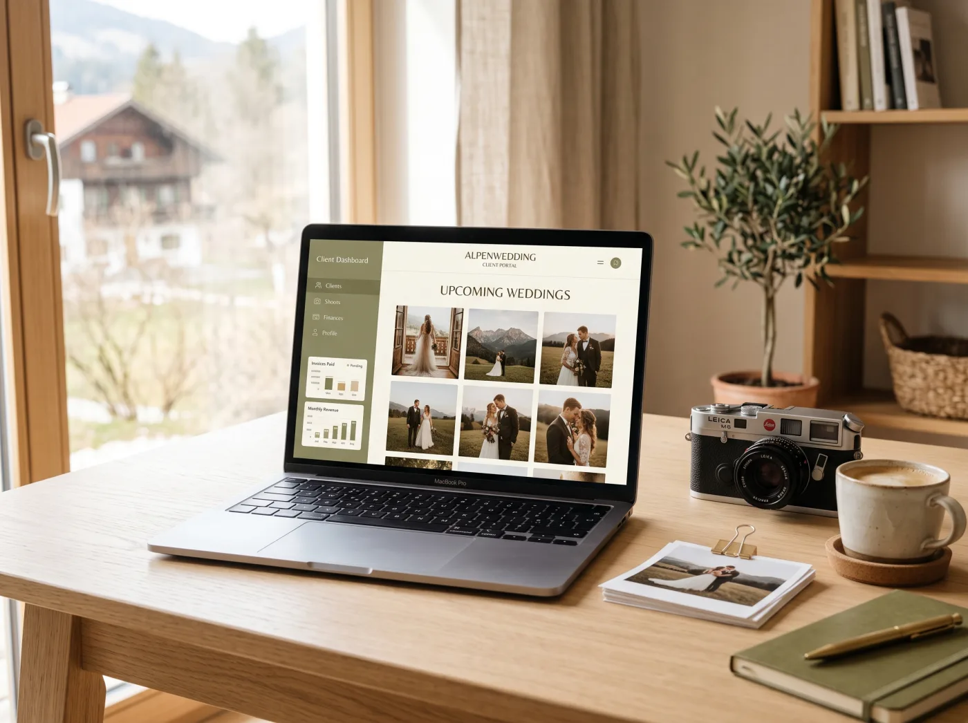 Corinna Studio auf einem Laptop: private Kundengalerie eines Paarshootings neben der Einnahmen-Übersicht